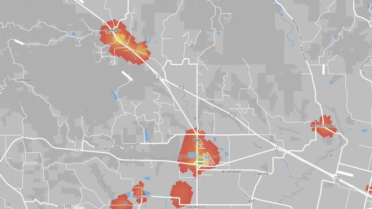 Walk Grade map of 97106, OR, walkable areas in green and car-dependent areas in red