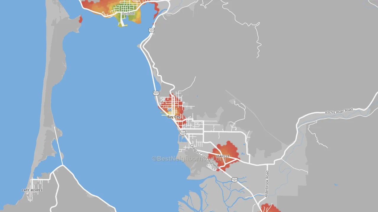 Walk Grade map of 97107, OR, walkable areas in green and car-dependent areas in red