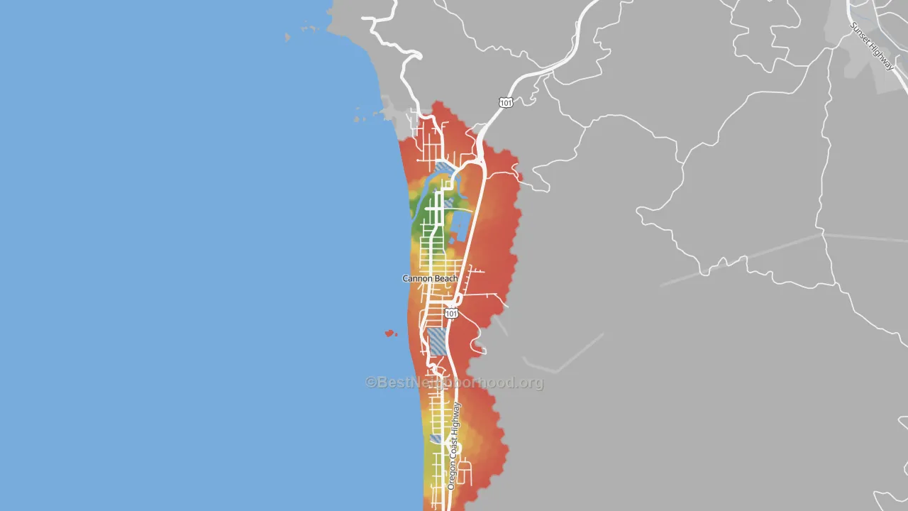 Walk Grade map of 97110, OR, walkable areas in green and car-dependent areas in red