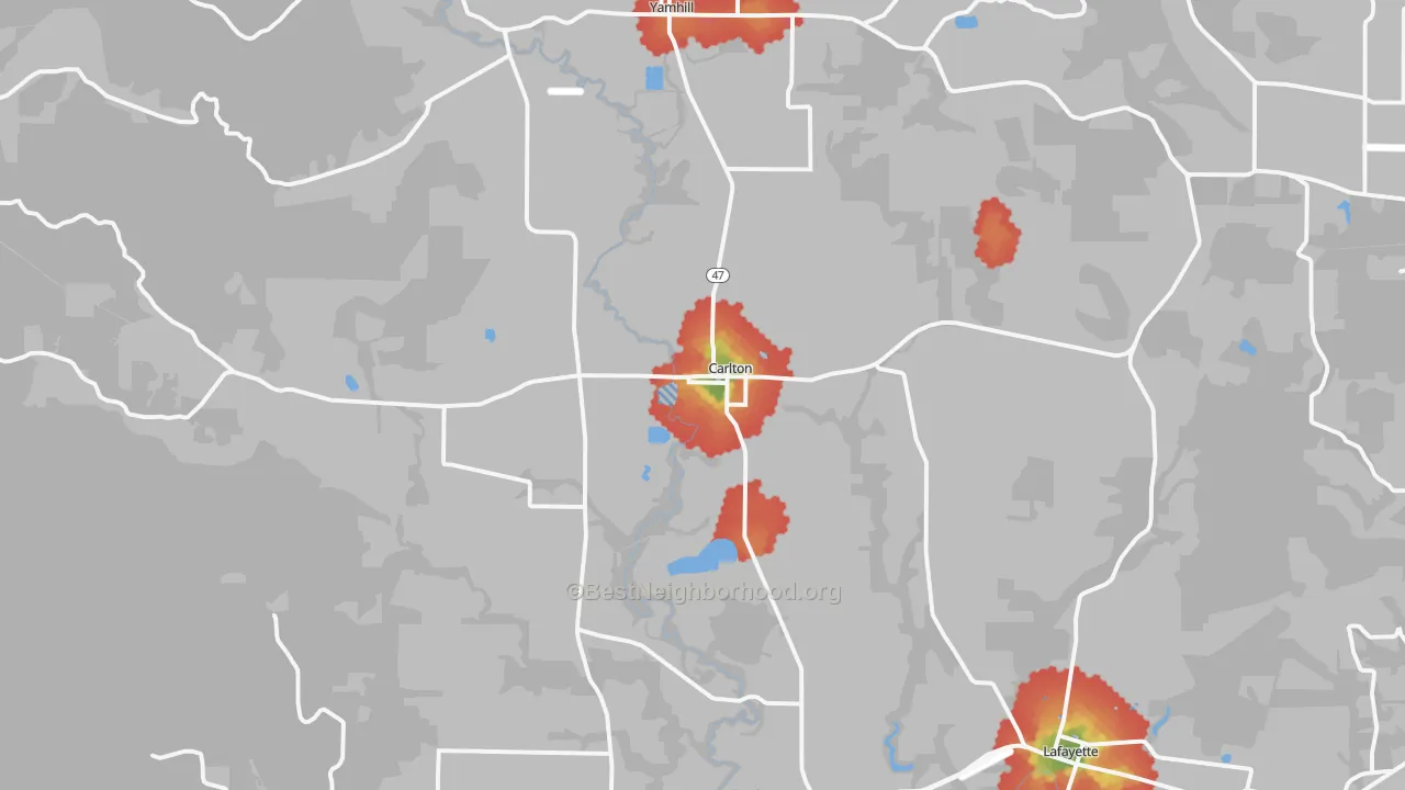 Walk Grade map of 97111, OR, walkable areas in green and car-dependent areas in red