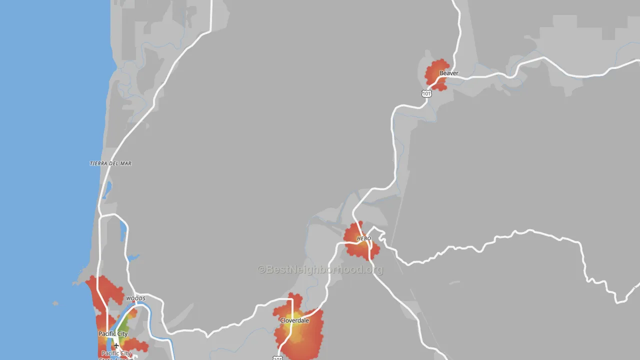Walk Grade map of 97112, OR, walkable areas in green and car-dependent areas in red