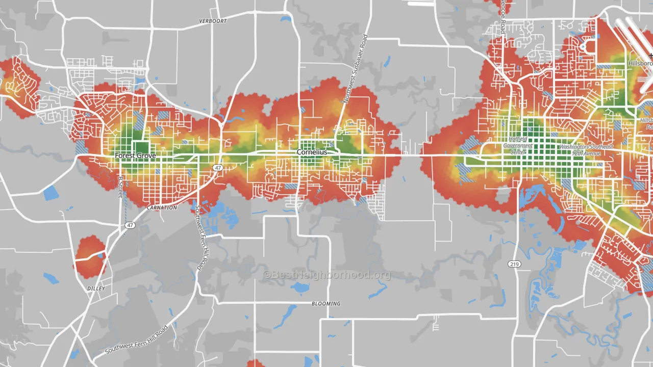 Walk Grade map of 97113, OR, walkable areas in green and car-dependent areas in red
