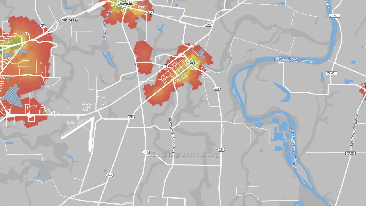 Walk Grade map of 97114, OR, walkable areas in green and car-dependent areas in red