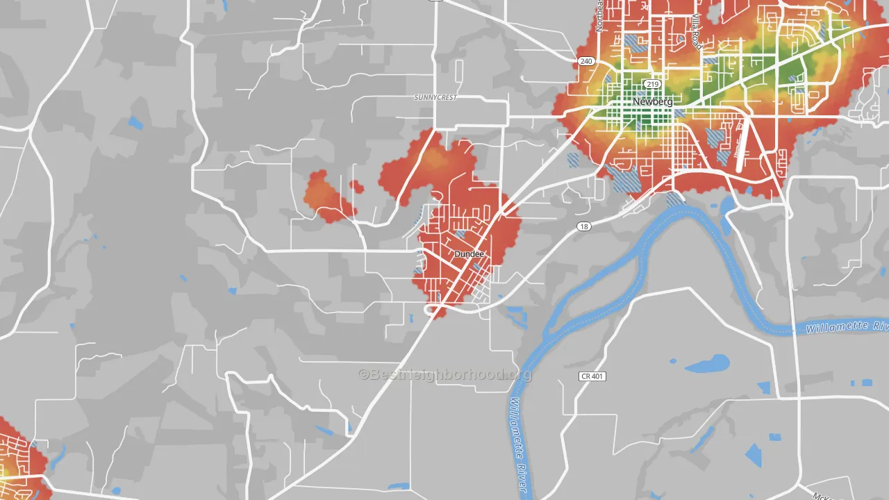 Walk Grade map of 97115, OR, walkable areas in green and car-dependent areas in red