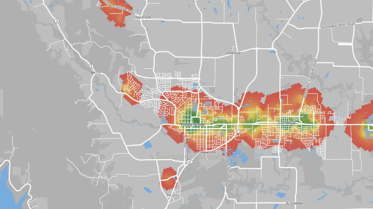 Walk Grade map of 97116, OR, walkable areas in green and car-dependent areas in red