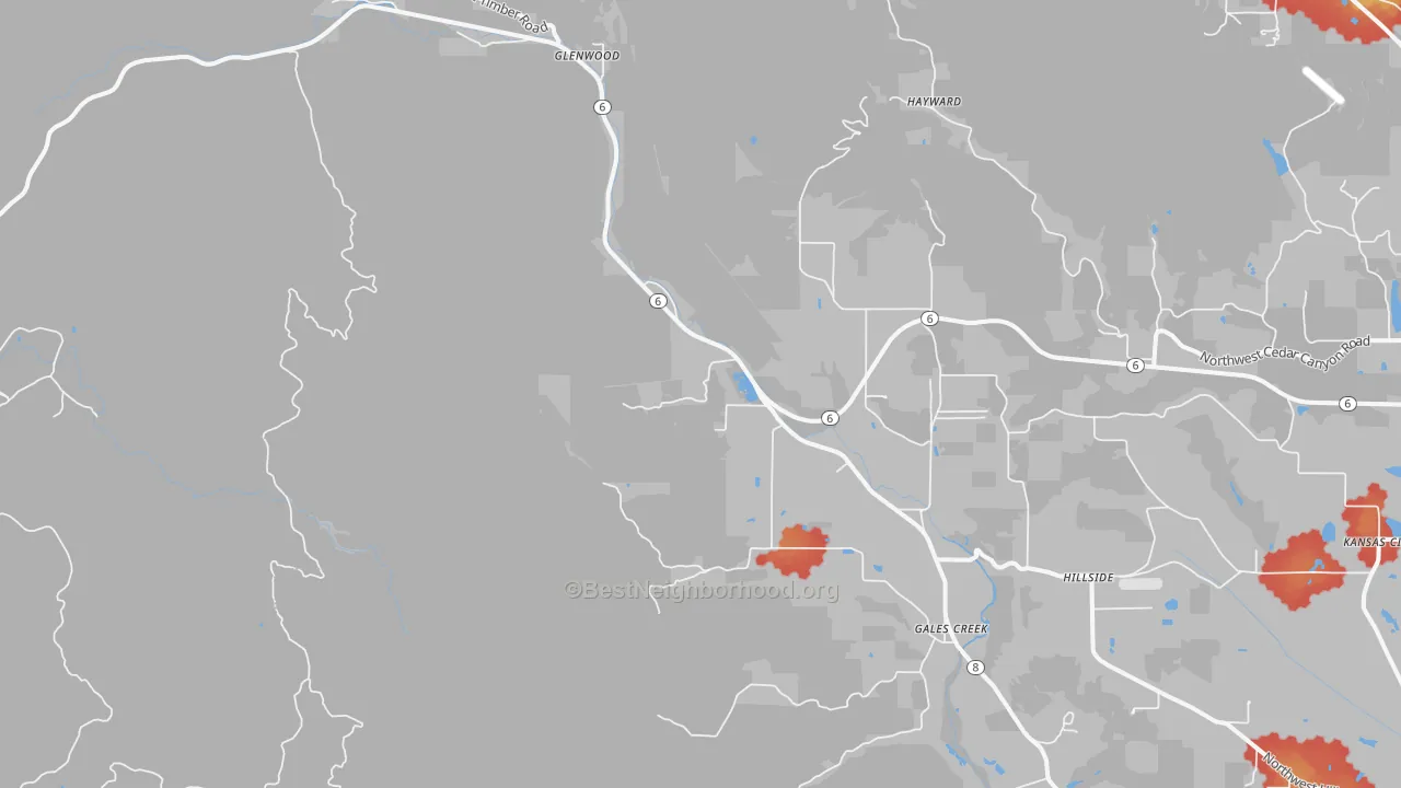 Walk Grade map of 97117, OR, walkable areas in green and car-dependent areas in red