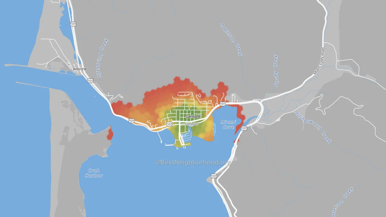 Walk Grade map of 97118, OR, walkable areas in green and car-dependent areas in red