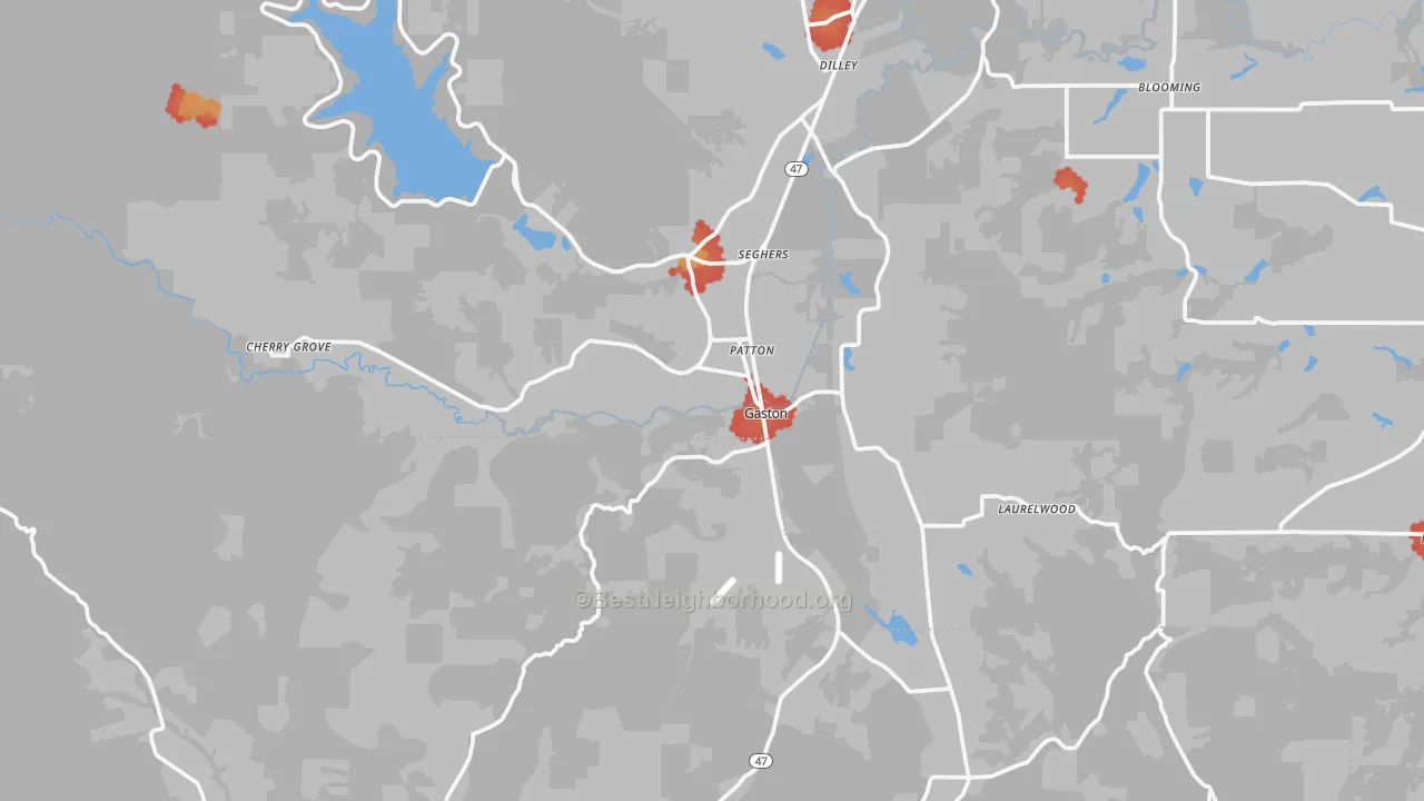 Walk Grade map of 97119, OR, walkable areas in green and car-dependent areas in red