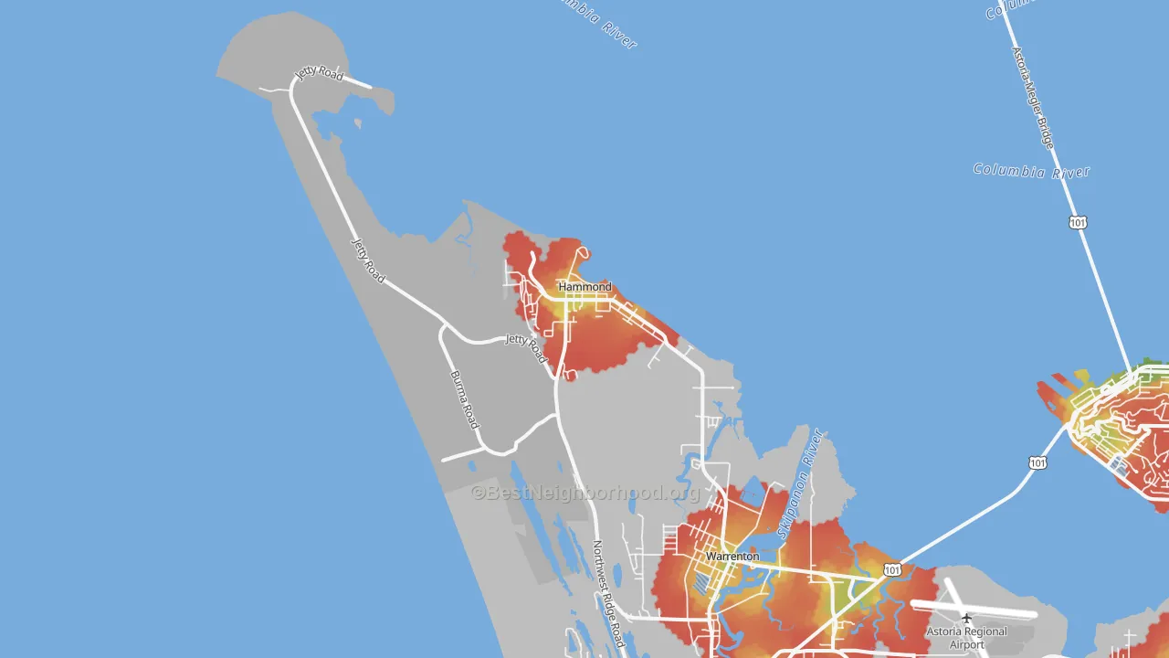 Walk Grade map of 97121, OR, walkable areas in green and car-dependent areas in red