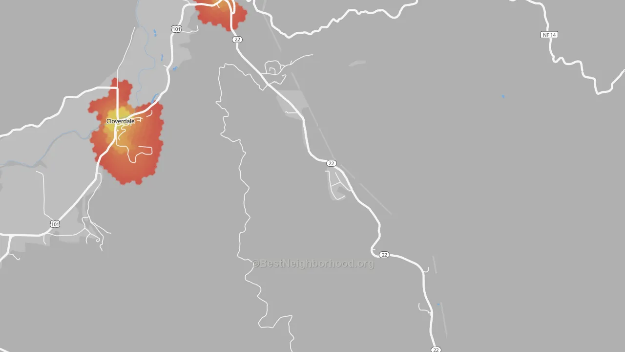 Walk Grade map of 97122, OR, walkable areas in green and car-dependent areas in red