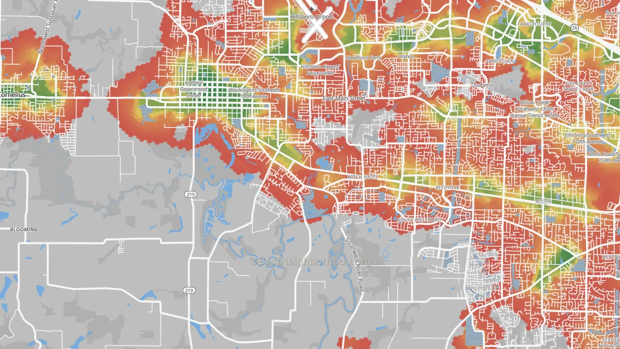 Walk Grade map of 97123, OR, walkable areas in green and car-dependent areas in red