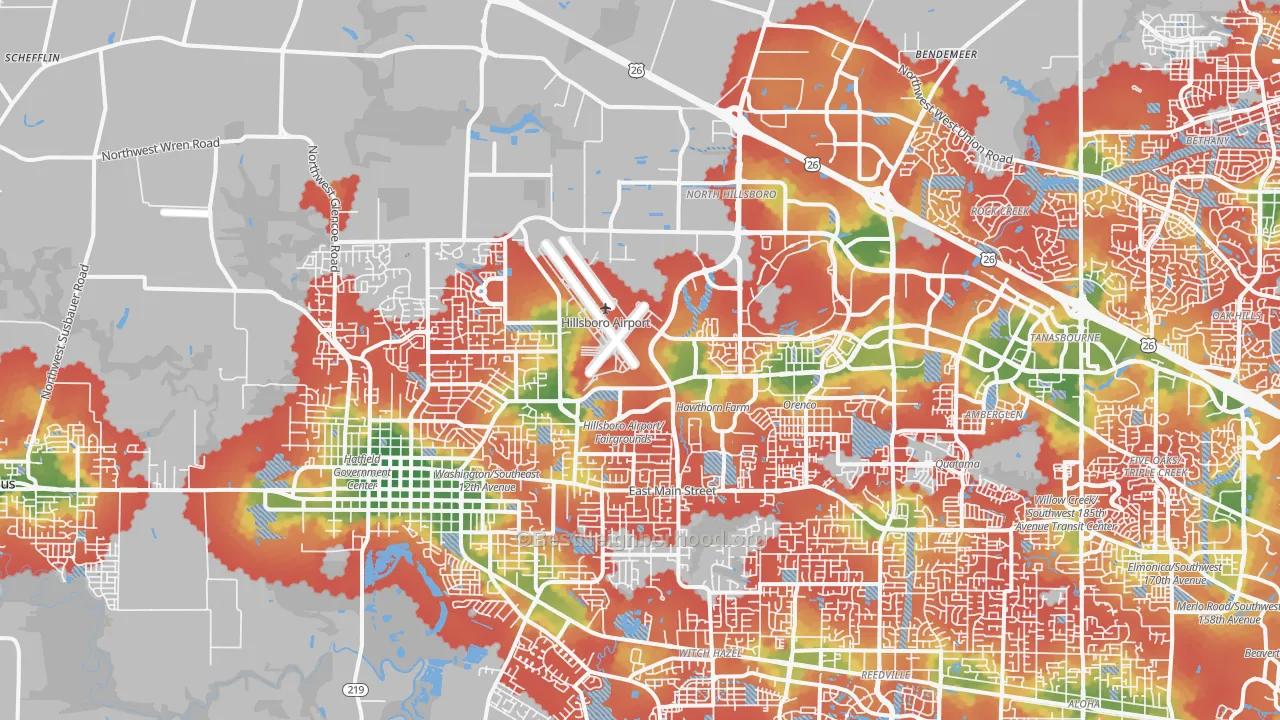Walk Grade map of 97124, OR, walkable areas in green and car-dependent areas in red