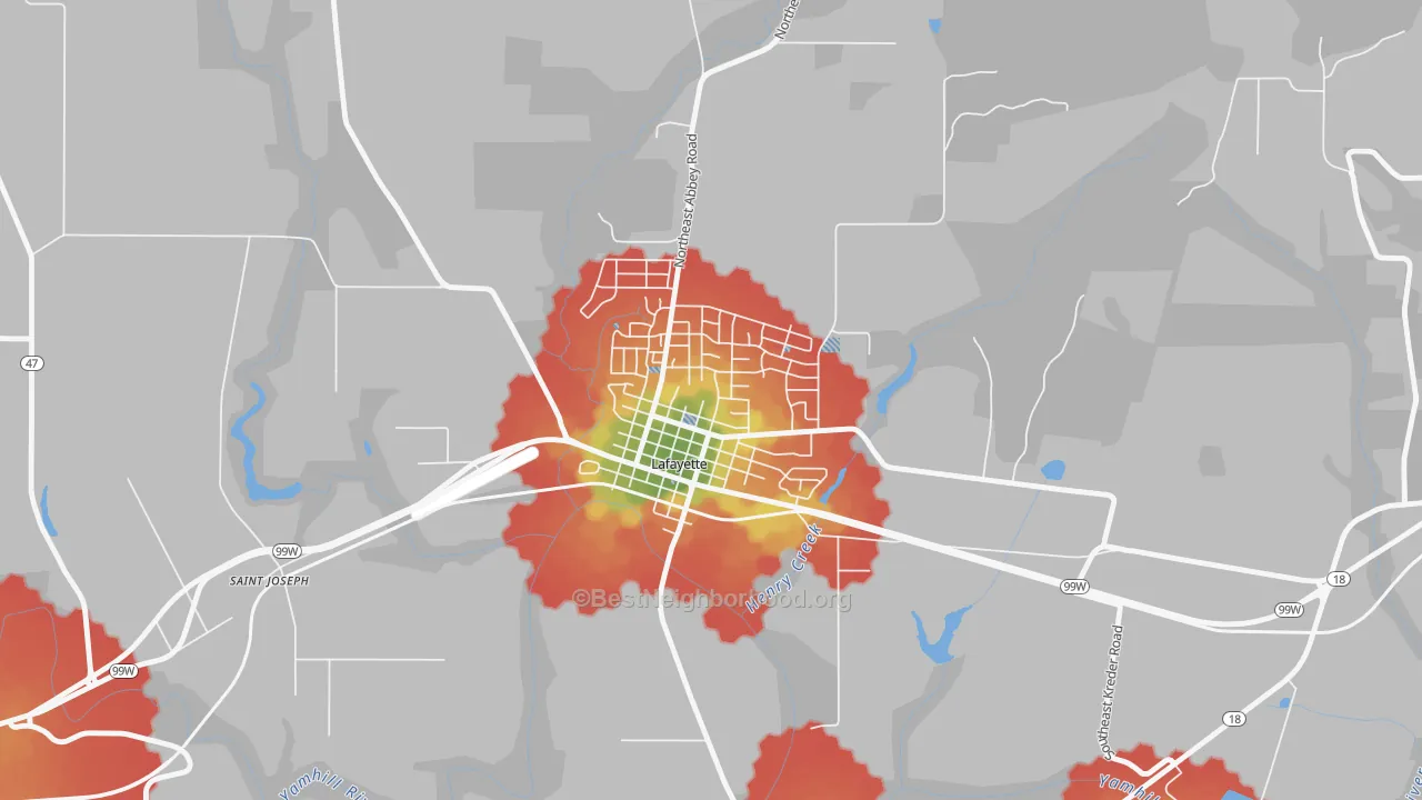 Walk Grade map of 97127, OR, walkable areas in green and car-dependent areas in red