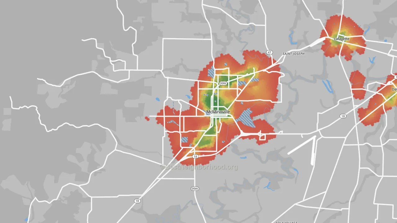 Walk Grade map of 97128, OR, walkable areas in green and car-dependent areas in red