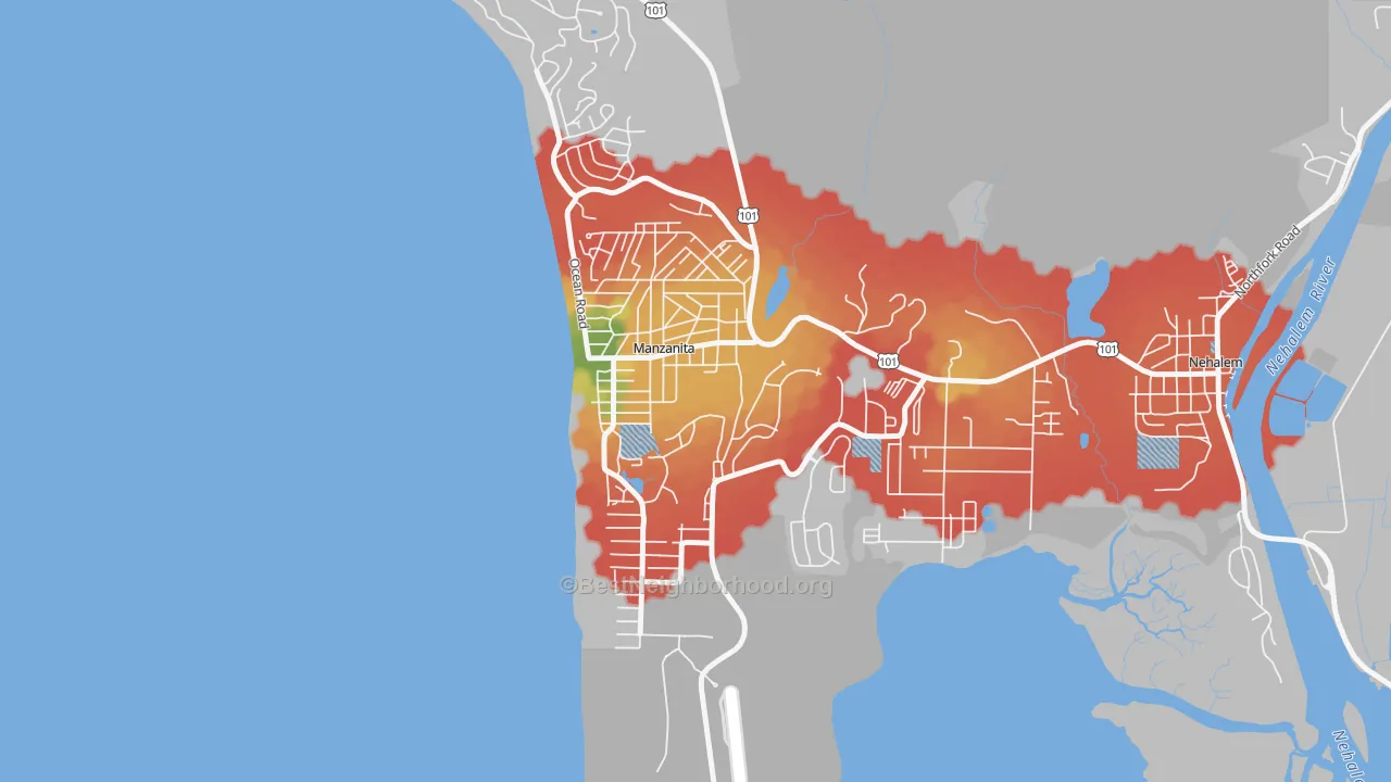Walk Grade map of 97130, OR, walkable areas in green and car-dependent areas in red