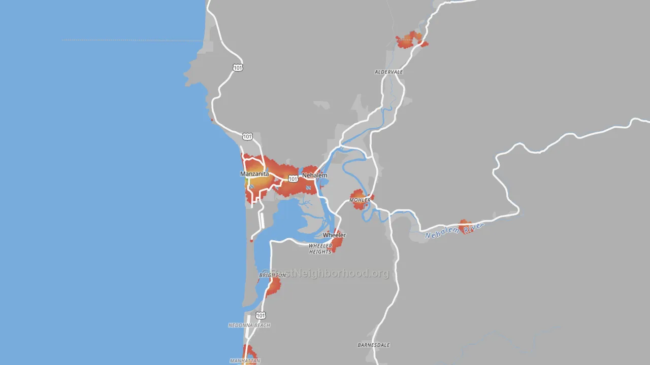 Walk Grade map of 97131, OR, walkable areas in green and car-dependent areas in red