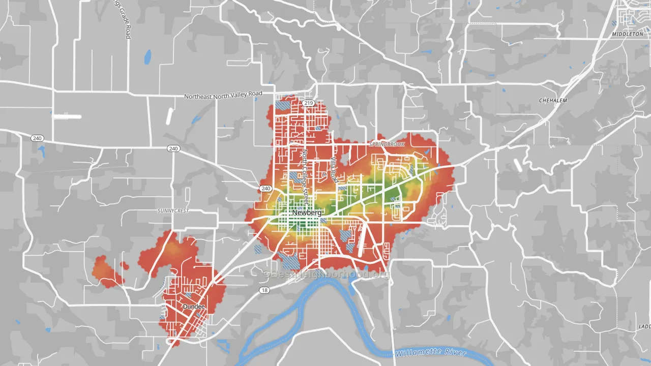 Walk Grade map of 97132, OR, walkable areas in green and car-dependent areas in red