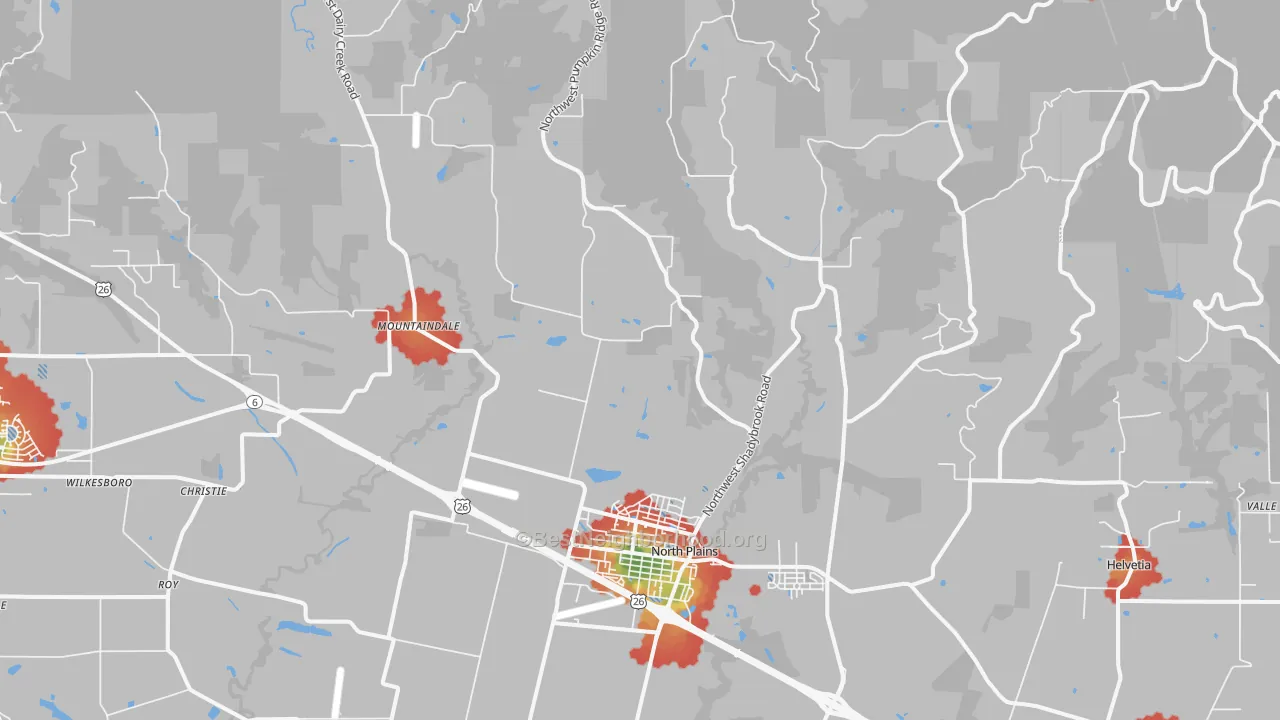 Walk Grade map of 97133, OR, walkable areas in green and car-dependent areas in red