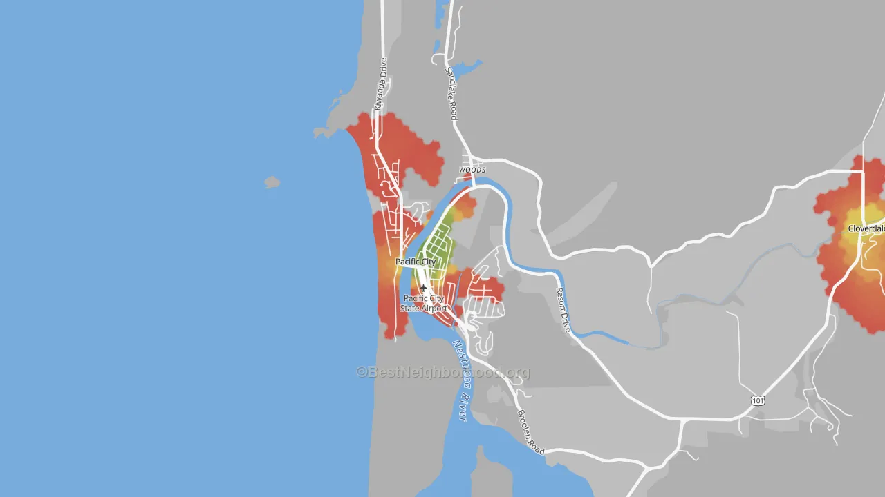 Walk Grade map of 97135, OR, walkable areas in green and car-dependent areas in red