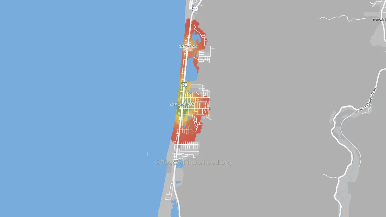 Walk Grade map of 97136, OR, walkable areas in green and car-dependent areas in red