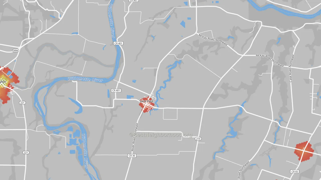 Walk Grade map of 97137, OR, walkable areas in green and car-dependent areas in red
