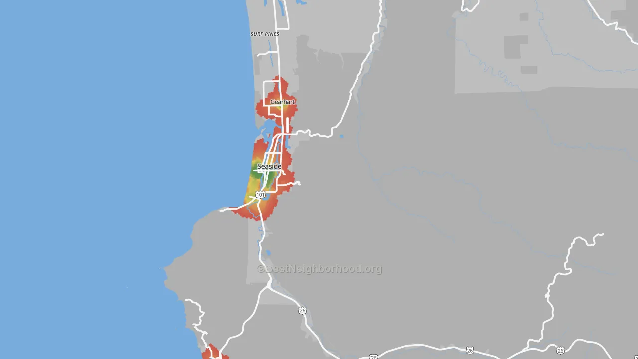 Walk Grade map of 97138, OR, walkable areas in green and car-dependent areas in red