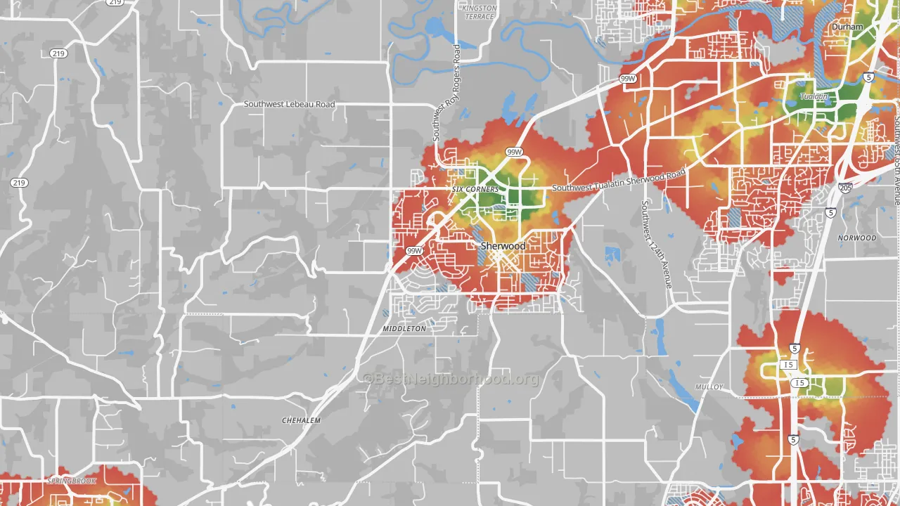 Walk Grade map of 97140, OR, walkable areas in green and car-dependent areas in red