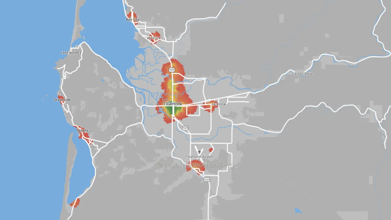 Walk Grade map of 97141, OR, walkable areas in green and car-dependent areas in red