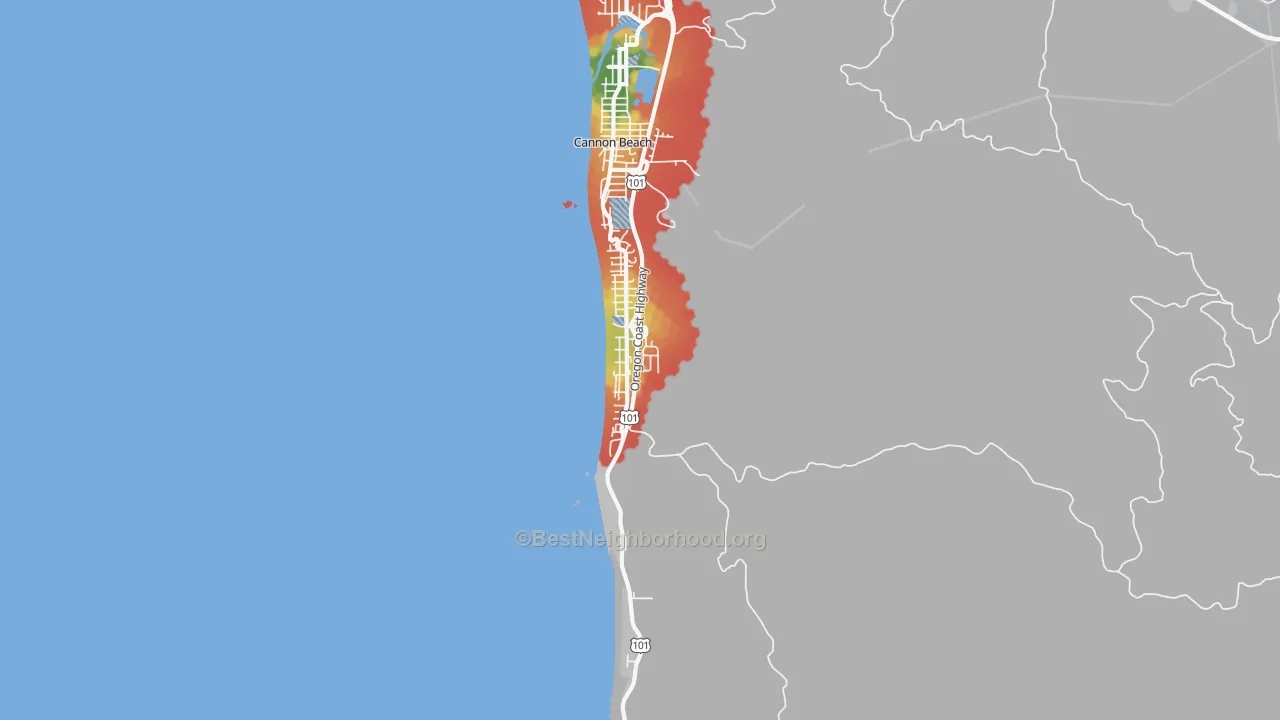 Walk Grade map of 97145, OR, walkable areas in green and car-dependent areas in red