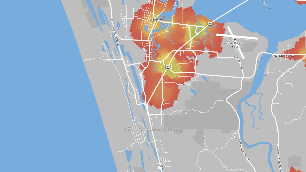 Walk Grade map of 97146, OR, walkable areas in green and car-dependent areas in red
