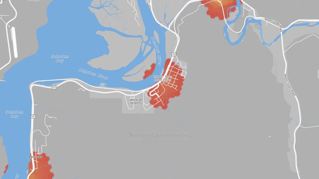 Walk Grade map of 97147, OR, walkable areas in green and car-dependent areas in red