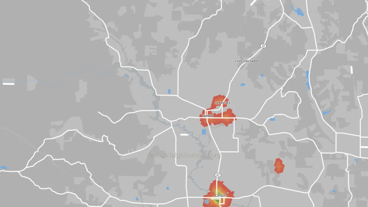 Walk Grade map of 97148, OR, walkable areas in green and car-dependent areas in red