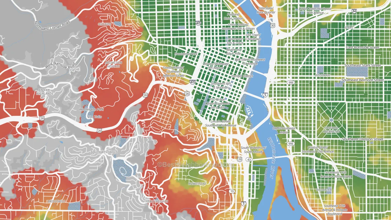 Walk Grade map of 97201, OR, walkable areas in green and car-dependent areas in red