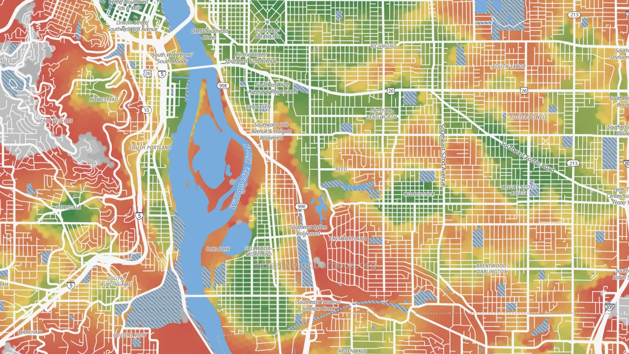 Walk Grade map of 97202, OR, walkable areas in green and car-dependent areas in red