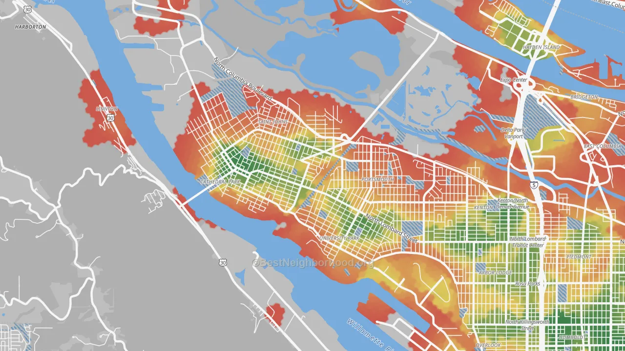 Walk Grade map of 97203, OR, walkable areas in green and car-dependent areas in red