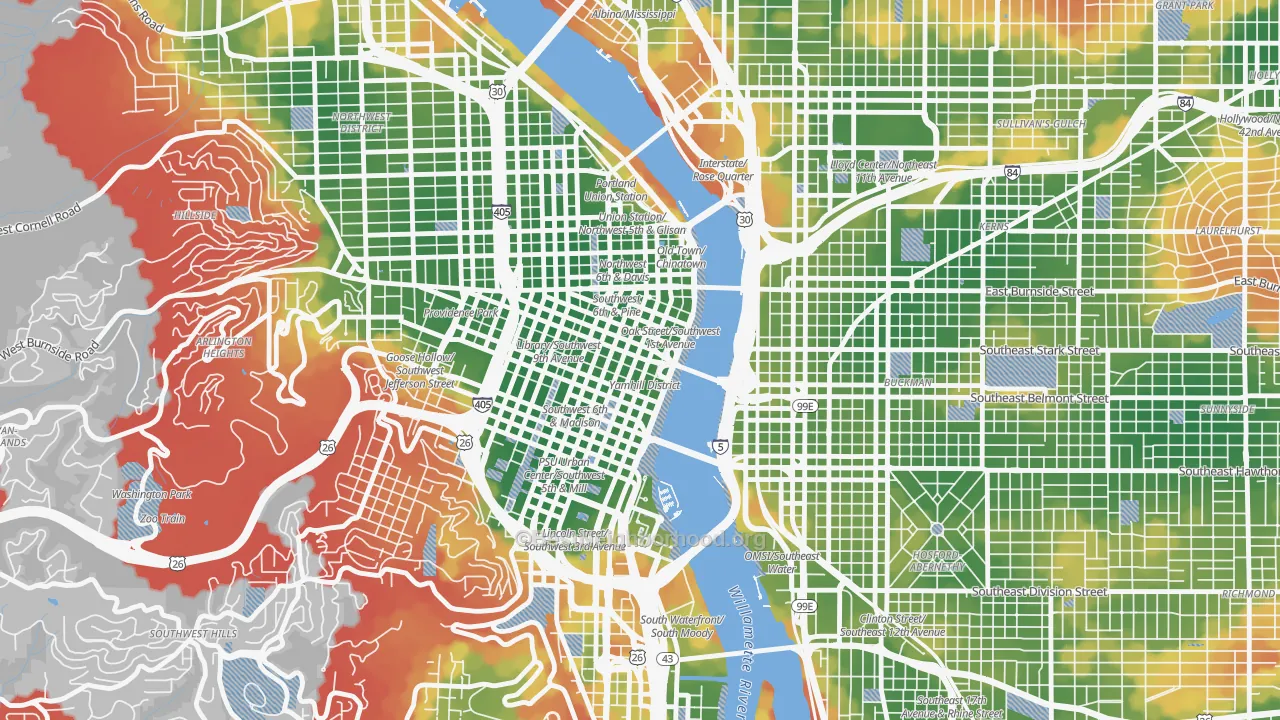 Walk Grade map of 97204, OR, walkable areas in green and car-dependent areas in red