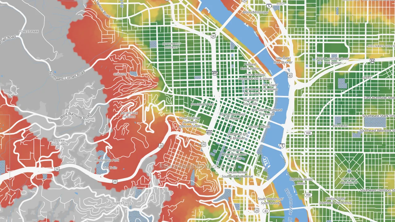 Walk Grade map of 97205, OR, walkable areas in green and car-dependent areas in red