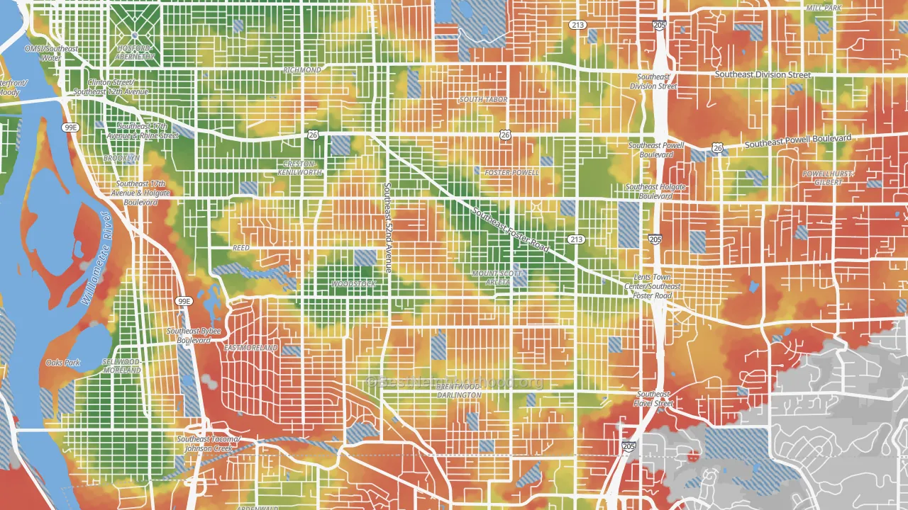 Walk Grade map of 97206, OR, walkable areas in green and car-dependent areas in red