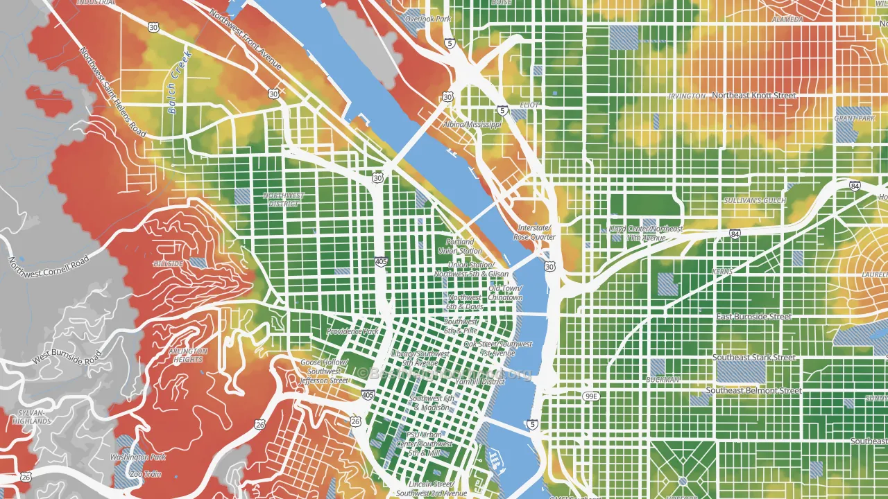 Walk Grade map of 97208, OR, walkable areas in green and car-dependent areas in red