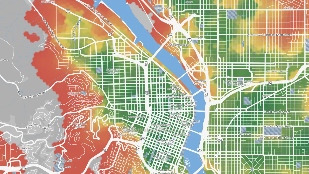 Walk Grade map of 97209, OR, walkable areas in green and car-dependent areas in red