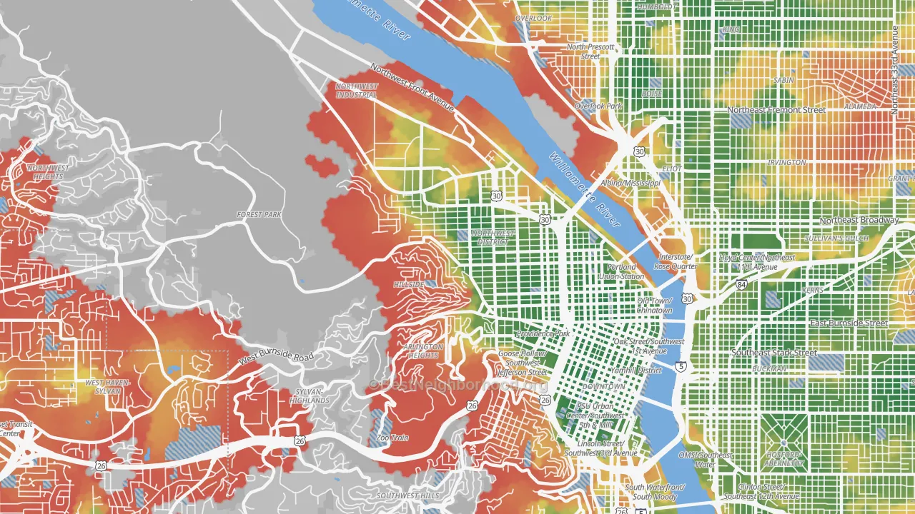 Walk Grade map of 97210, OR, walkable areas in green and car-dependent areas in red