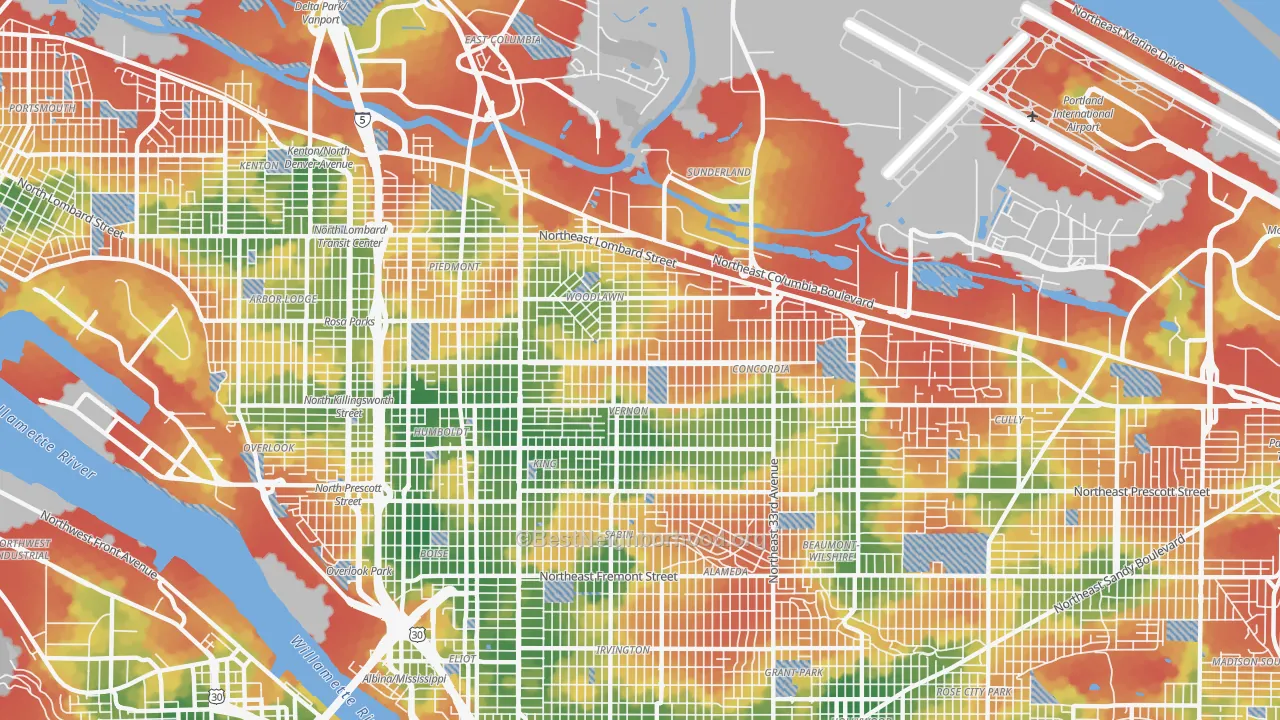 Walk Grade map of 97211, OR, walkable areas in green and car-dependent areas in red