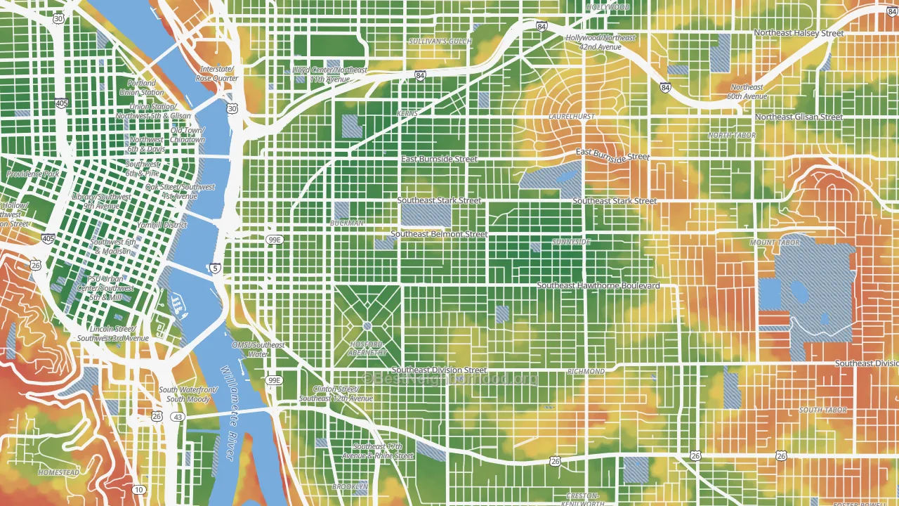 Walk Grade map of 97214, OR, walkable areas in green and car-dependent areas in red