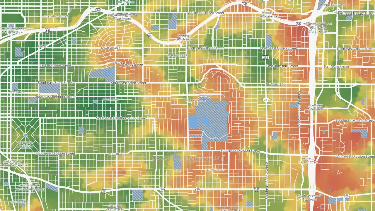 Walk Grade map of 97215, OR, walkable areas in green and car-dependent areas in red