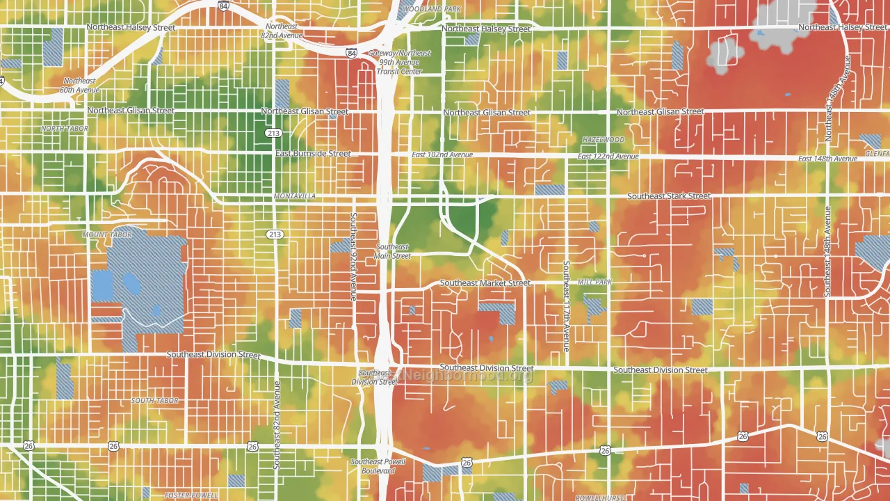 Walk Grade map of 97216, OR, walkable areas in green and car-dependent areas in red