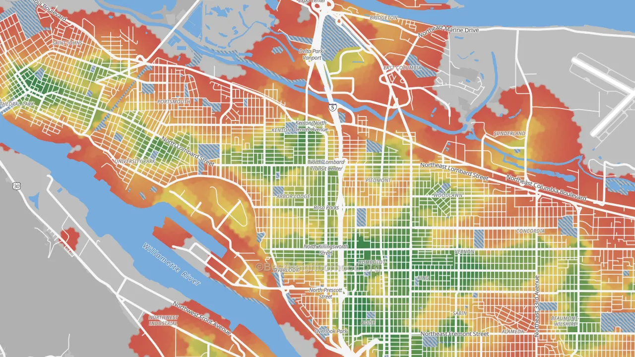 Walk Grade map of 97217, OR, walkable areas in green and car-dependent areas in red