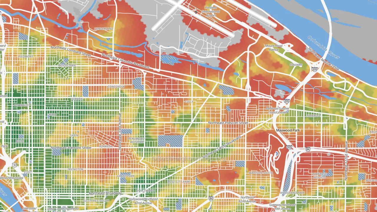 Walk Grade map of 97218, OR, walkable areas in green and car-dependent areas in red