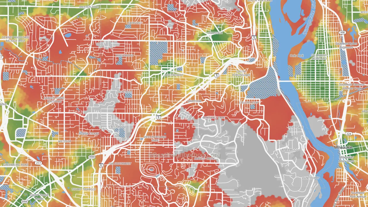 Walk Grade map of 97219, OR, walkable areas in green and car-dependent areas in red