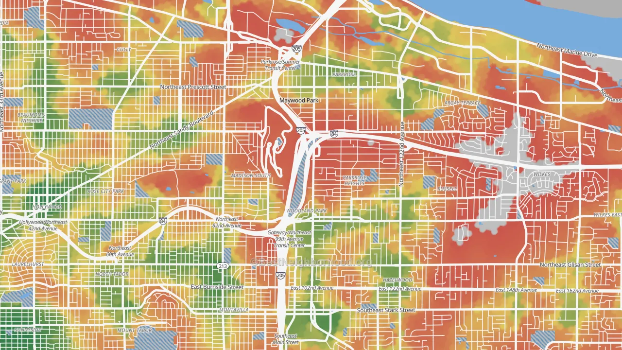 Walk Grade map of 97220, OR, walkable areas in green and car-dependent areas in red