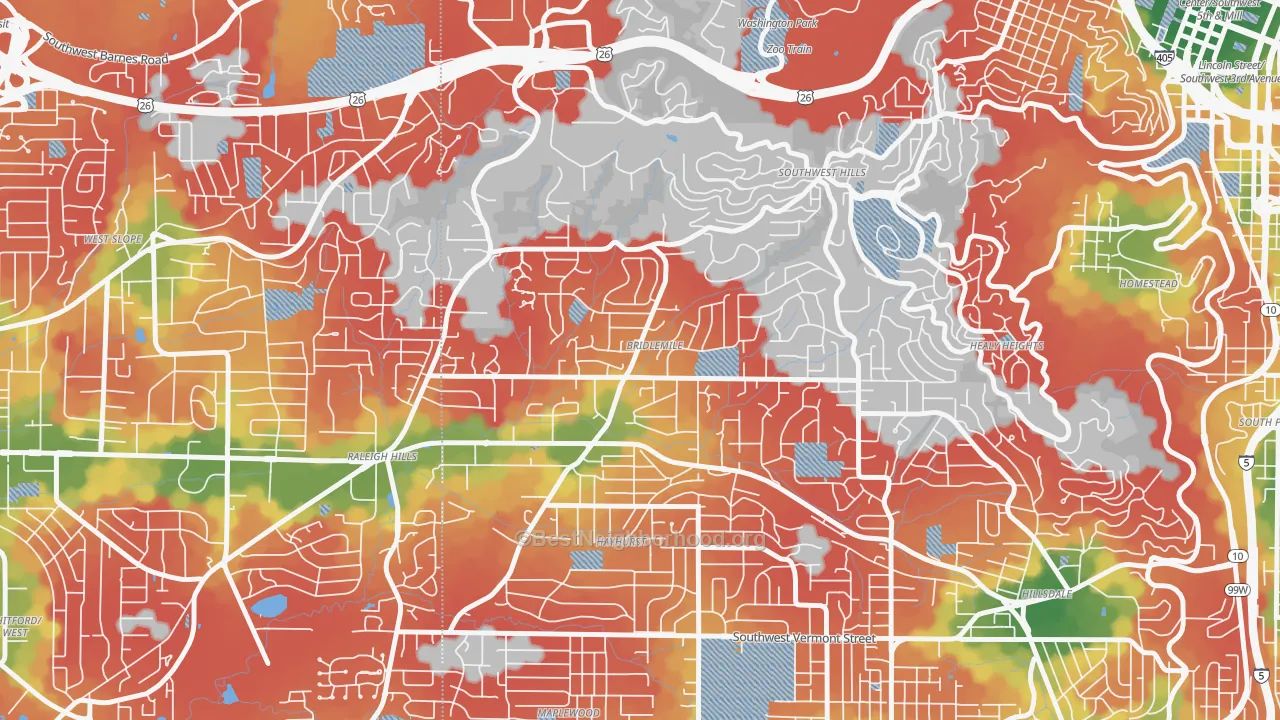 Walk Grade map of 97221, OR, walkable areas in green and car-dependent areas in red